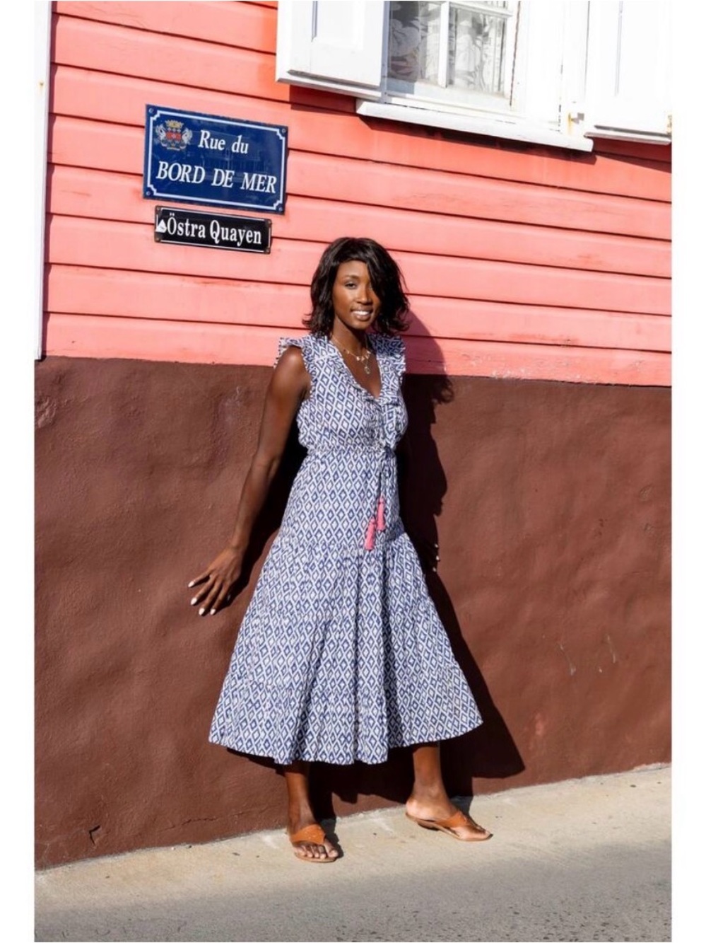 Mer St. Barth XS Giselle V-Neck Maxi Dress Navy Ikat tiered ruffle
